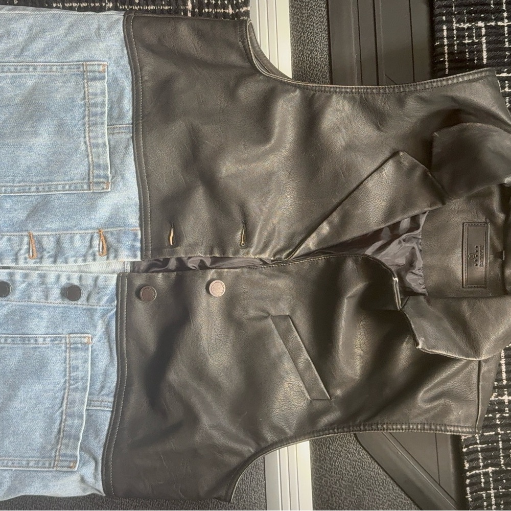 NWT BLANK NYC Black Leather-Look Button Front Vest with Light Blue Denim Pockets